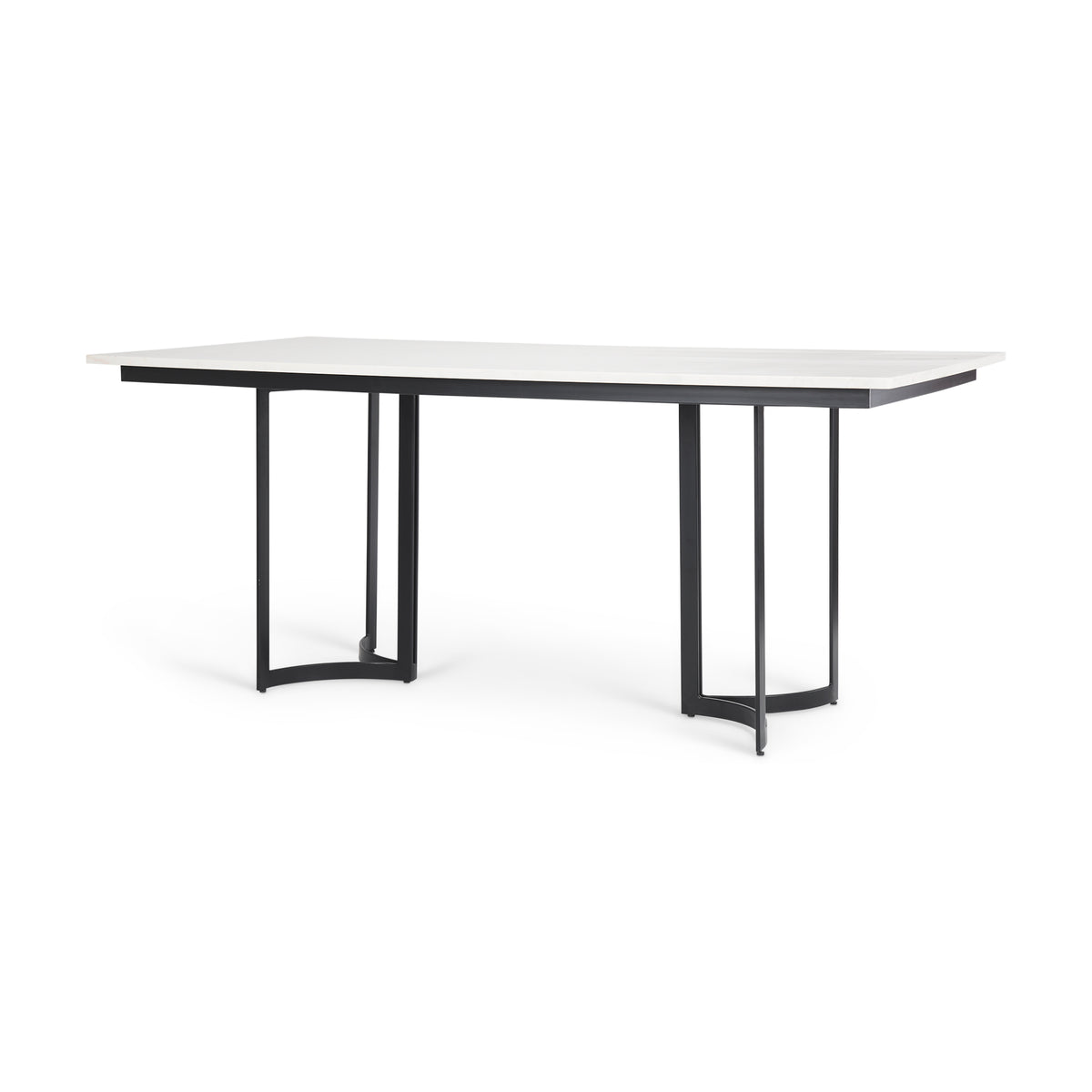 Tanner 71" rectangular dining table, white marble top on black metal pedestal base