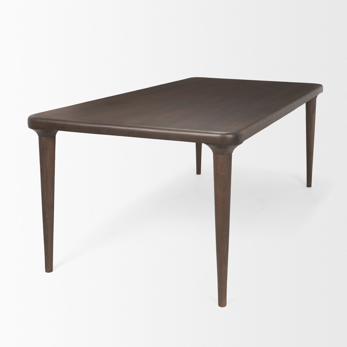 Suvan dining table in med-dark brown, end view