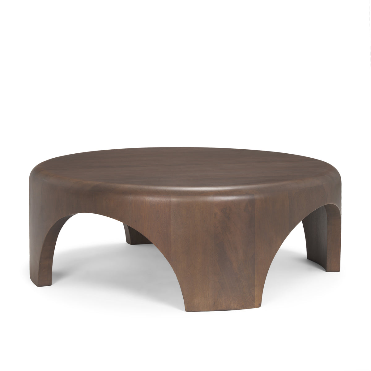 Shima round coffee table in dark matte brown solid mango wood with arched legs
