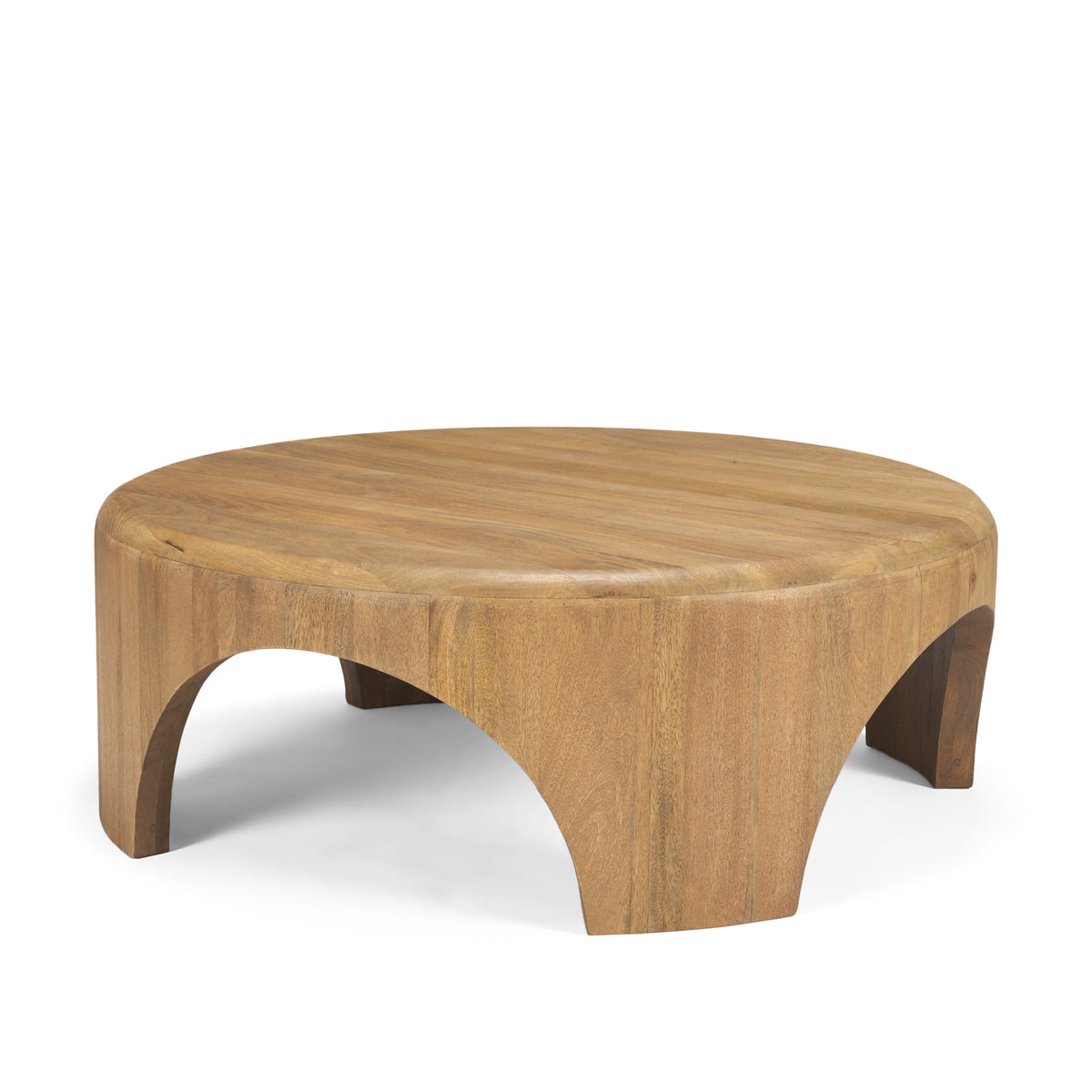 Shima round coffee table in light brown solid mango wood with arched legs