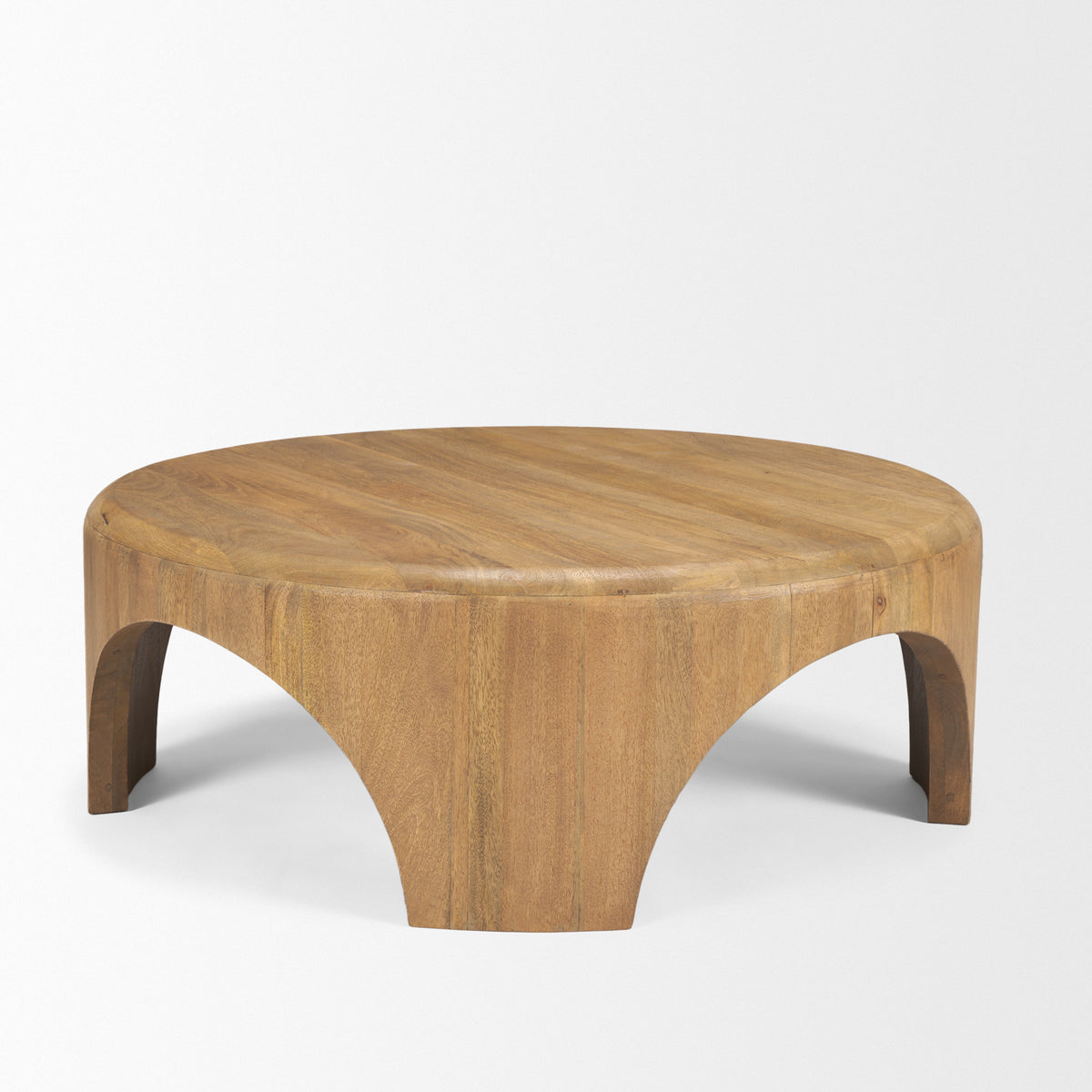 Shima round coffee table, angled view of arched legs