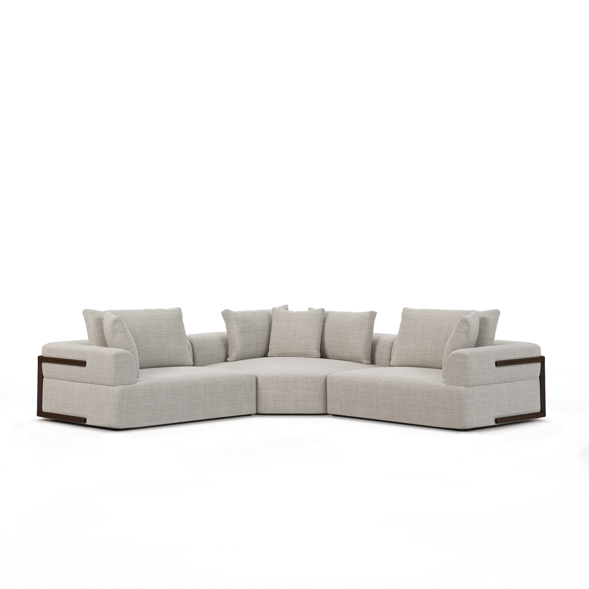 Gray sectional sofa with brown armrests on a white background