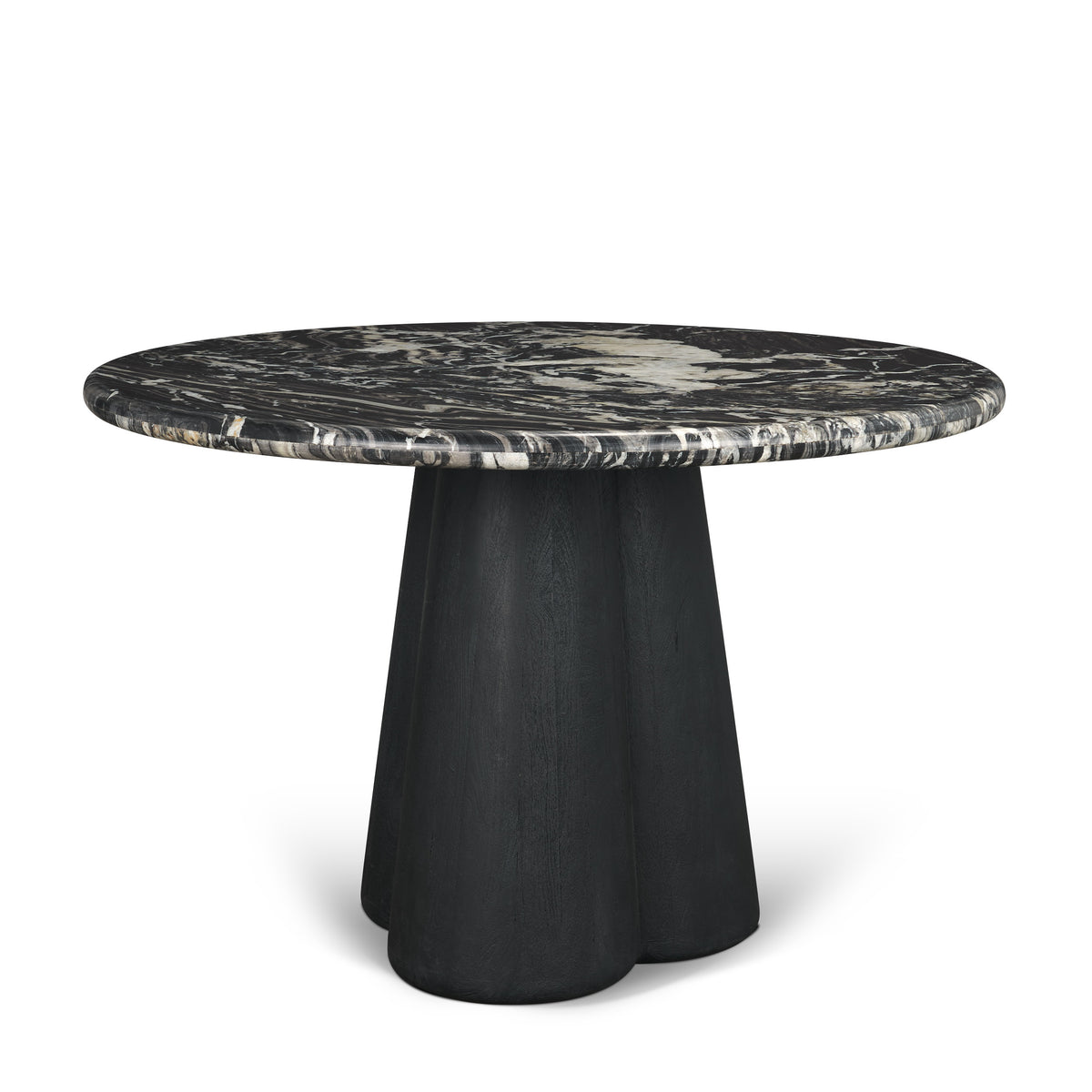 Marilyn 48" round dining table, Black Forest marble top on black wood pedestal