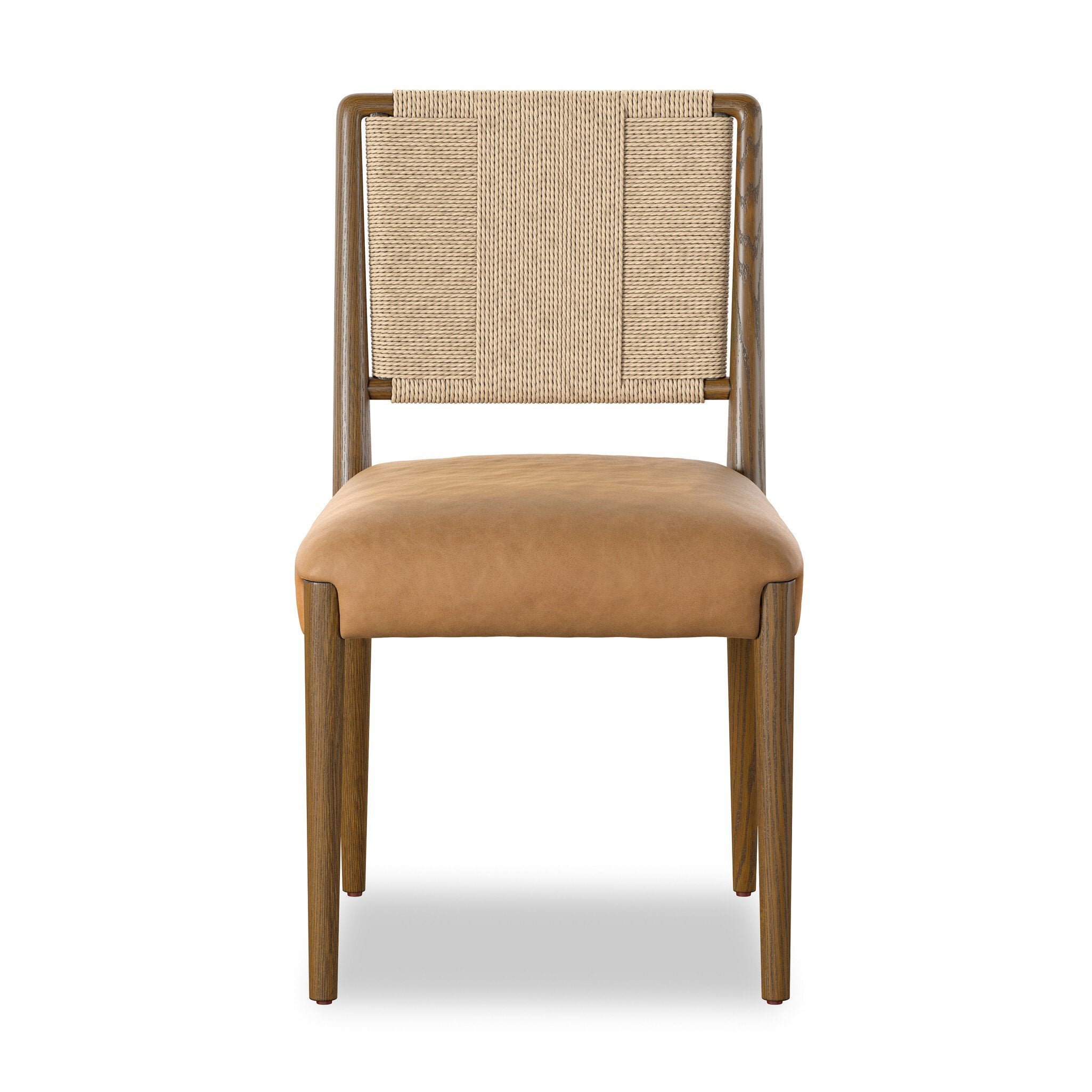 Four Hands Rothler Dining Chair in Tan Ash with Maestro Camel leather seat, front view