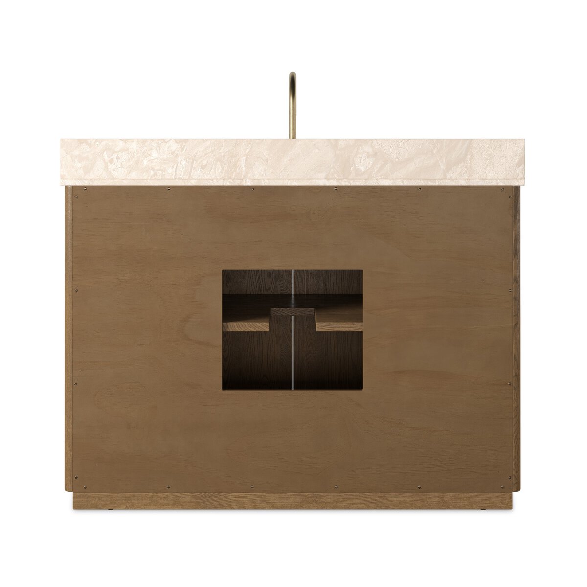 Brookhurst vanity back showing removable panel with plumbing cutouts