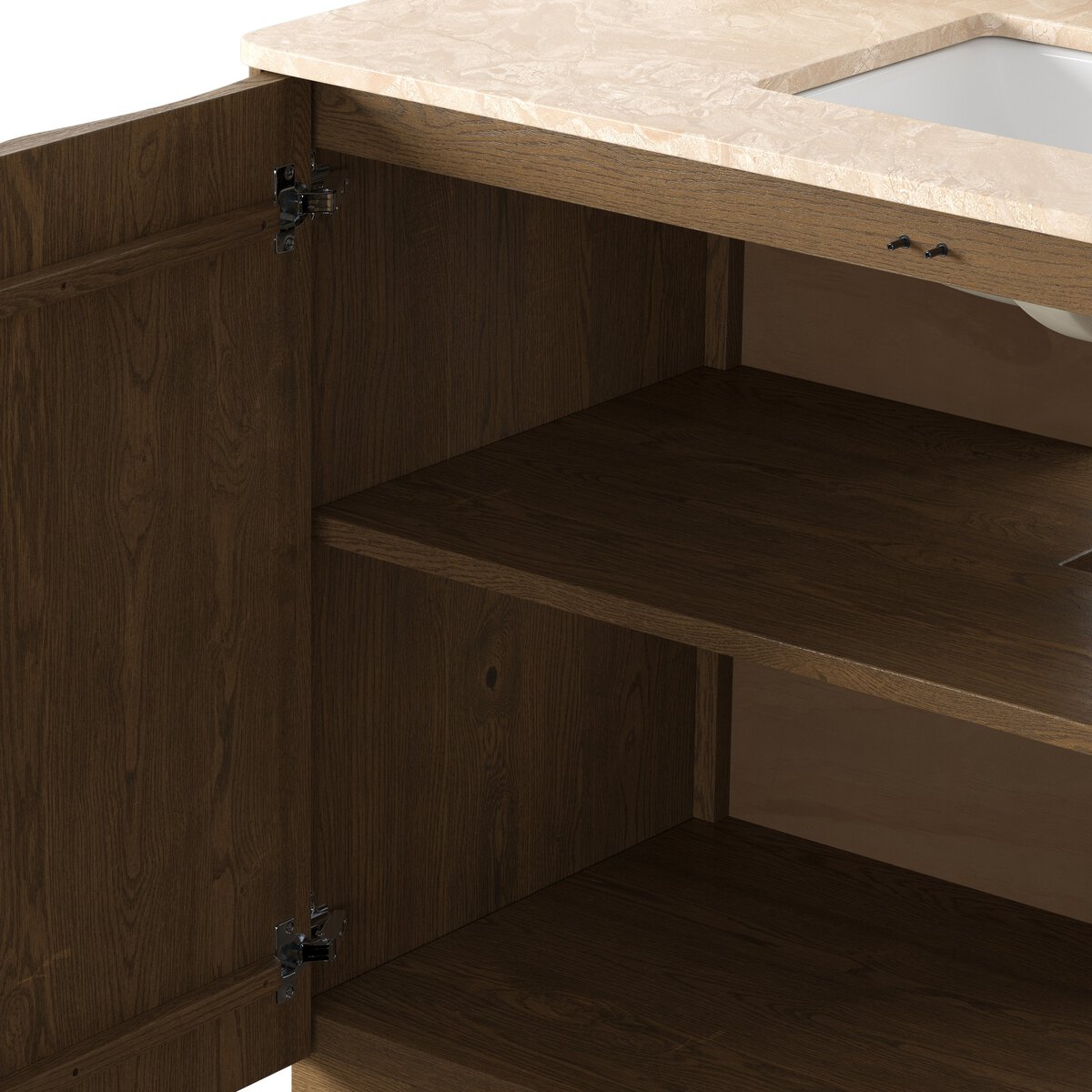 Detail of fluted oak door and sealed marble countertop