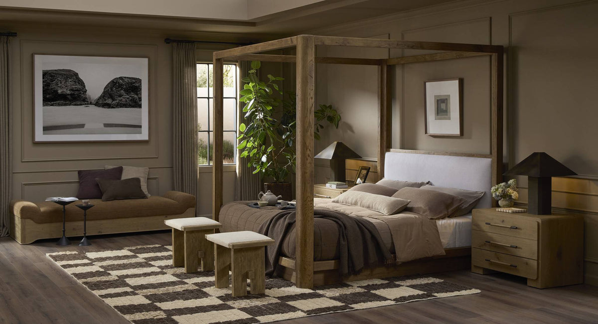 Eden Nightstand shown in a styled bedroom scene with layered bedding