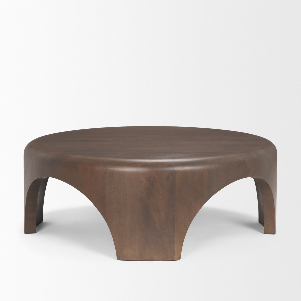 Shima round coffee table in dark brown, angled view