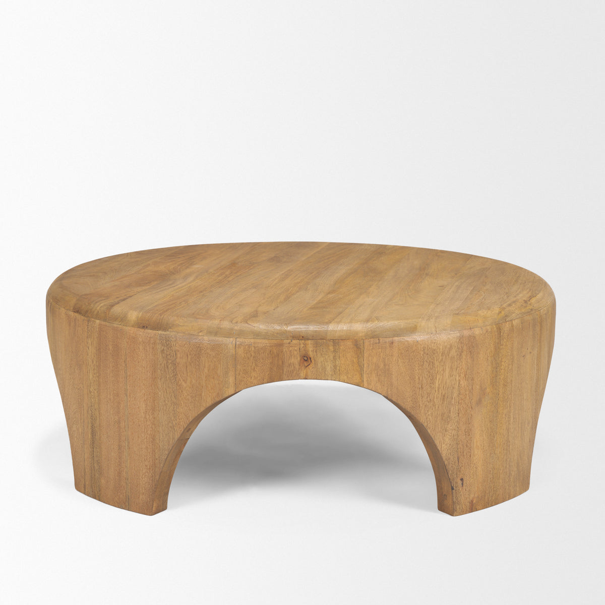 Shima round coffee table in light brown mango wood, side view