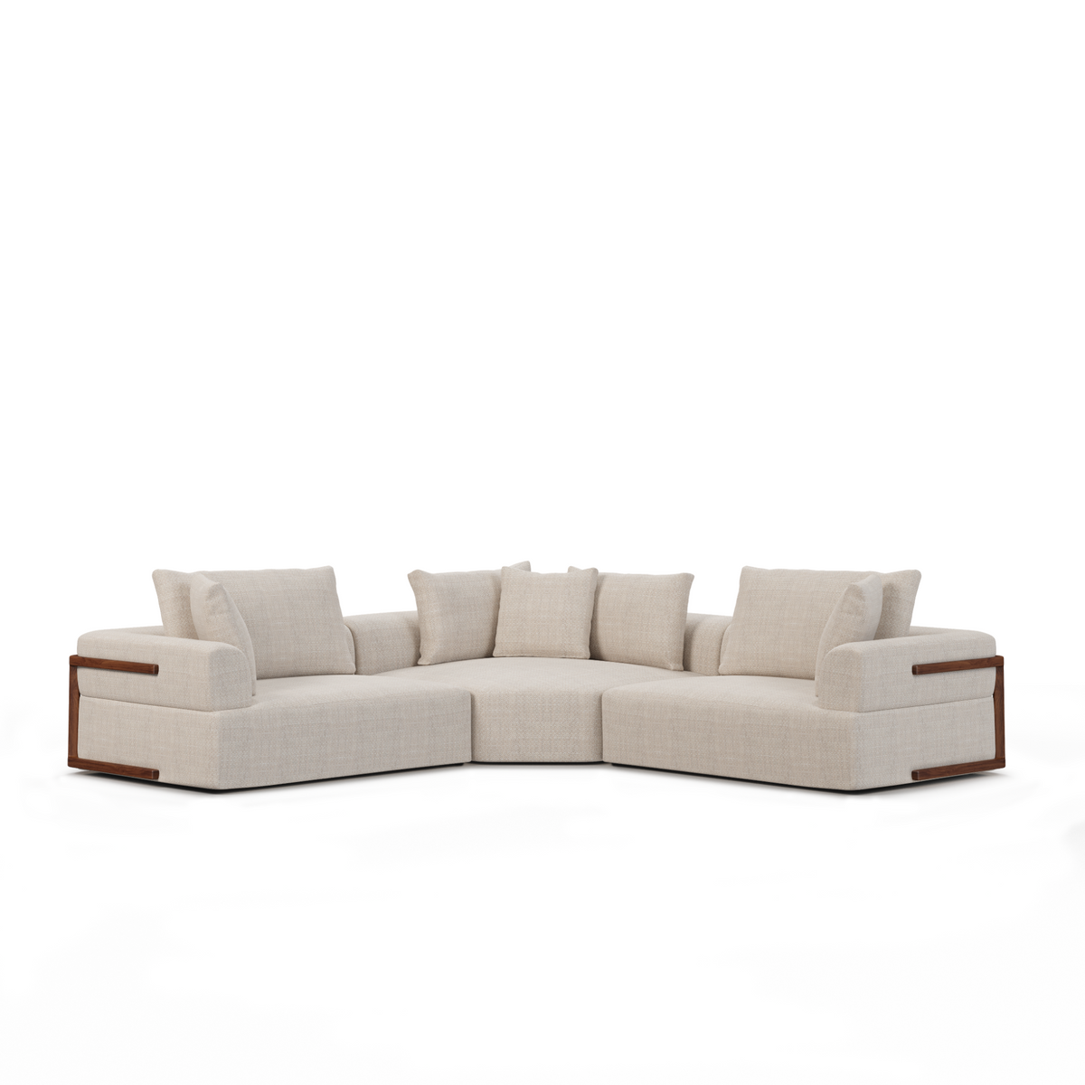 Beige sectional sofa with brown armrests on a white background