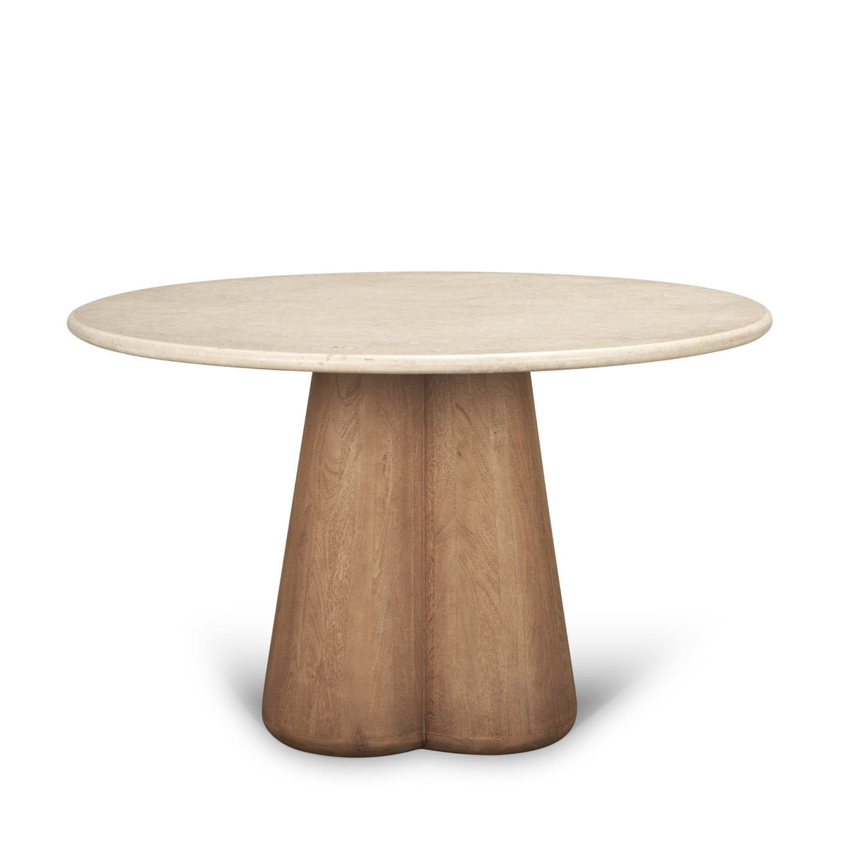 Marilyn dining table in Botticino marble and light brown wood, angled view
