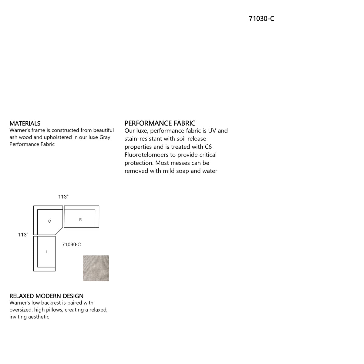 A product information page for the Warner 71030-C Relaxed Modern Design bed frame. The page features a black-and-white line drawing showing the bed frame's dimensions (113 inches by 113 inches), a small gray fabric swatch, and descriptive text detailing the materials (lux gray performance fabric) and performance fabric features.