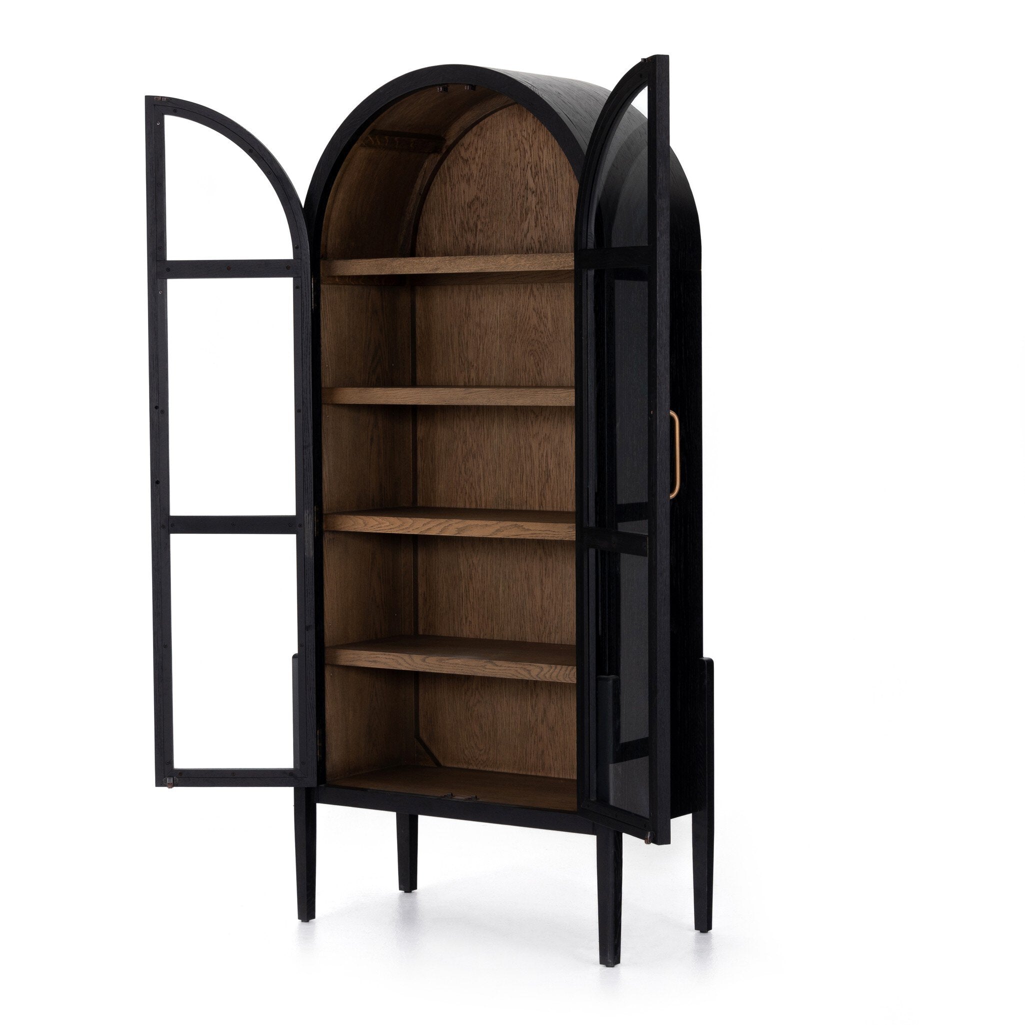 Tolle Cabinet in Drifted Matte Black — doors open showing oak interior