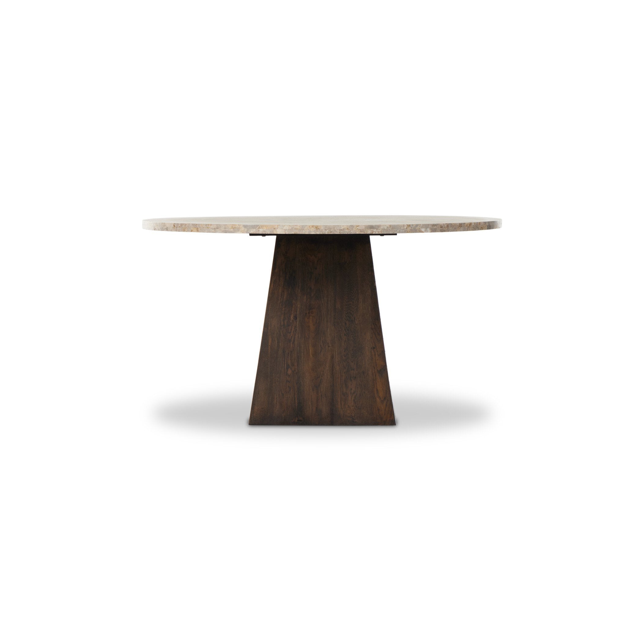 Brisa Round Dining Table 55" — front view, Dune Onyx top on Grey Tobacco oak base