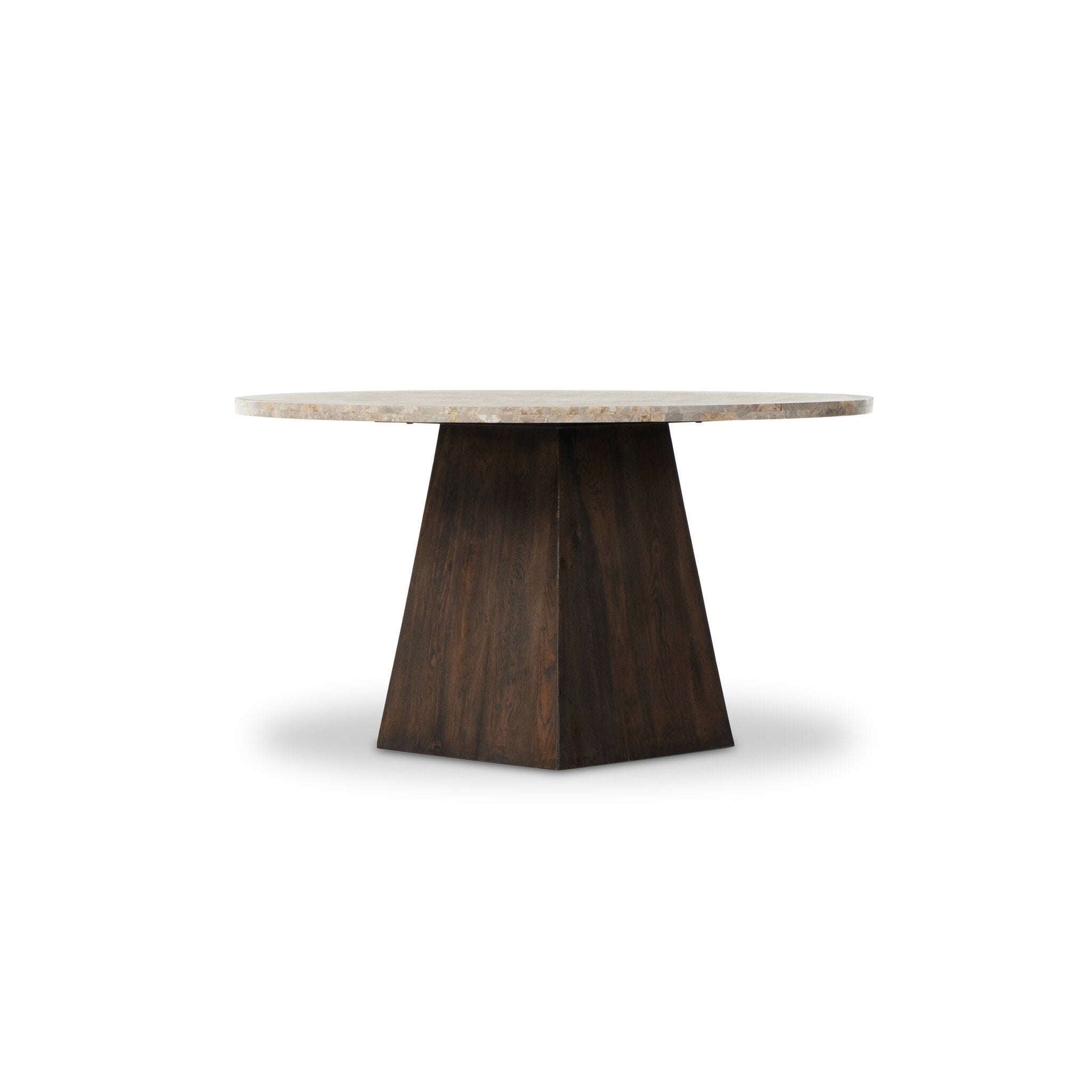 Brisa Round Dining Table 55" — Dune Onyx top on geometric Grey Tobacco oak base