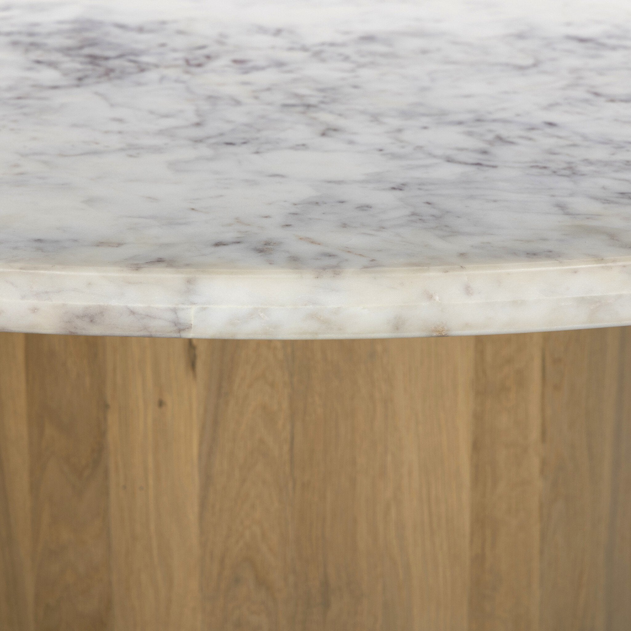 Mariah Round Dining Table 60" — marble tabletop and oak base detail