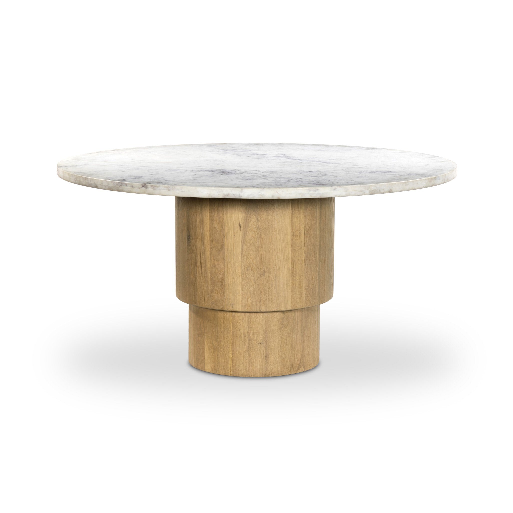 Mariah Round Dining Table 60" — white marble top on light blonde oak pedestal base, front view