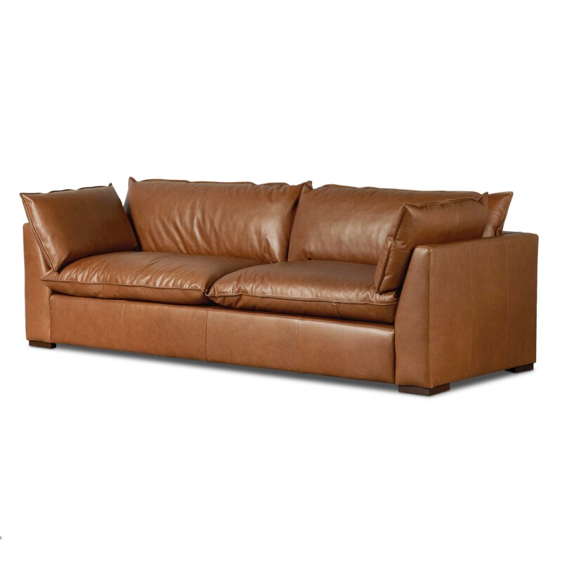 Kosa Sofa in Sonoma Chestnut — deep chestnut leather sofa with flared arms and feather-blend cushions