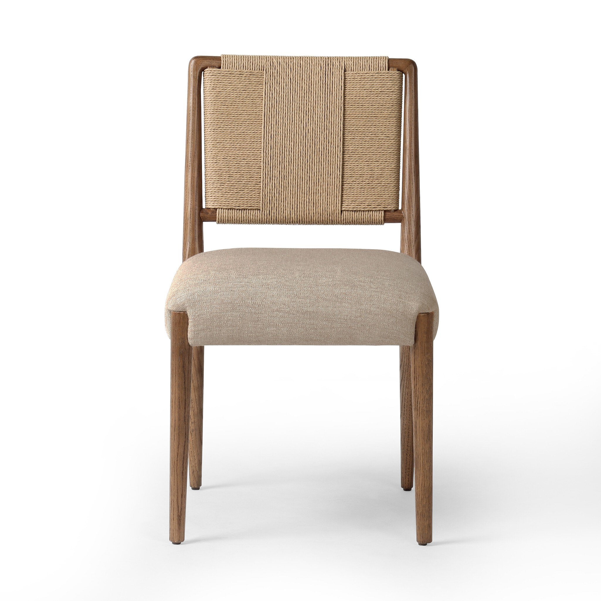 Four Hands Rothler Dining Chair in Tan Ash with Alcala Wheat performance fabric seat, front view