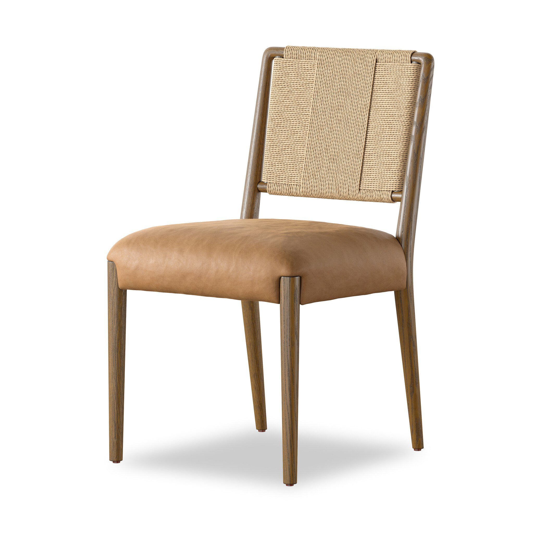 Rothler Dining Chair in Tan Ash with Maestro Camel leather seat, three quarter view