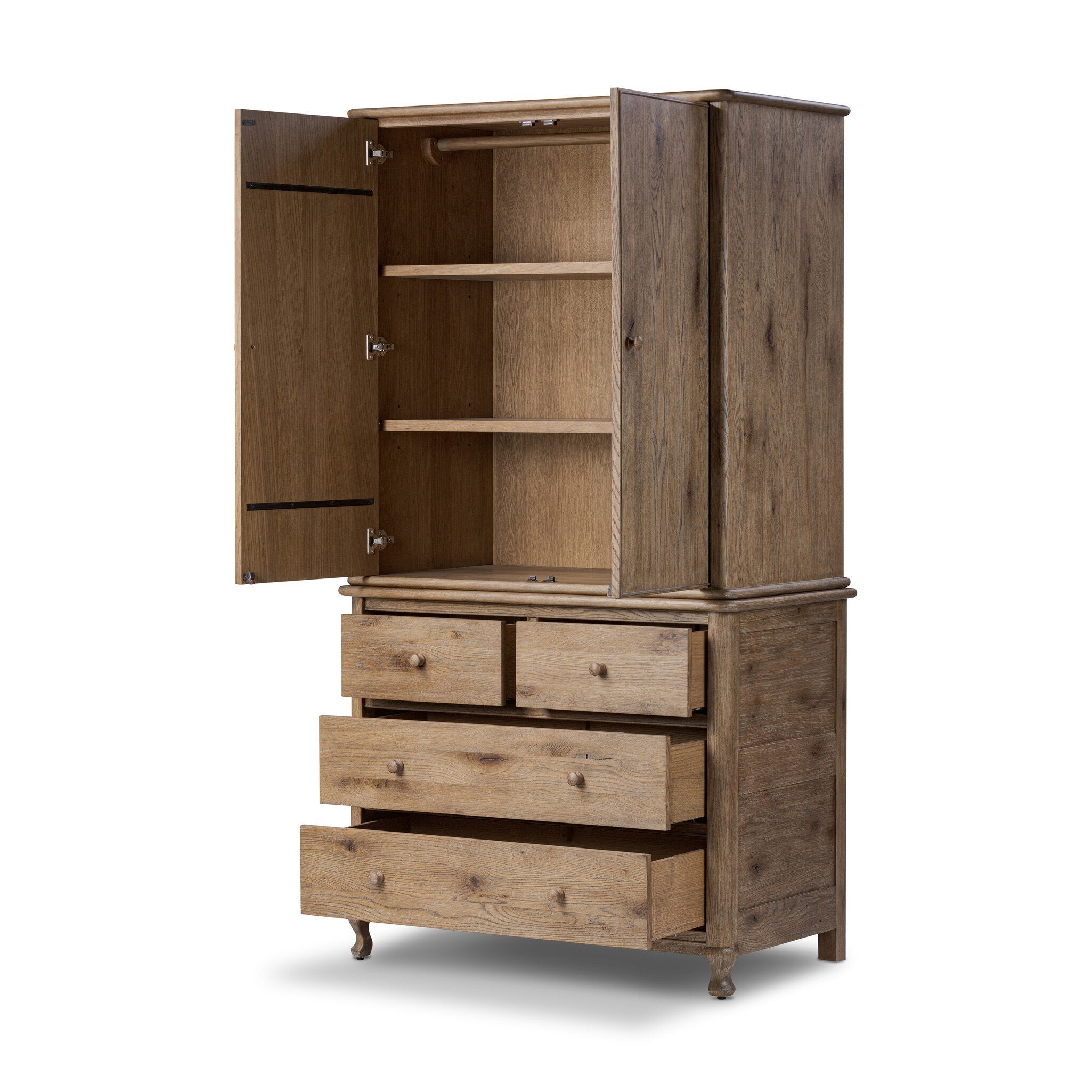 Pika Armoire with doors open, showing adjustable shelves and removable bronze hanging rod