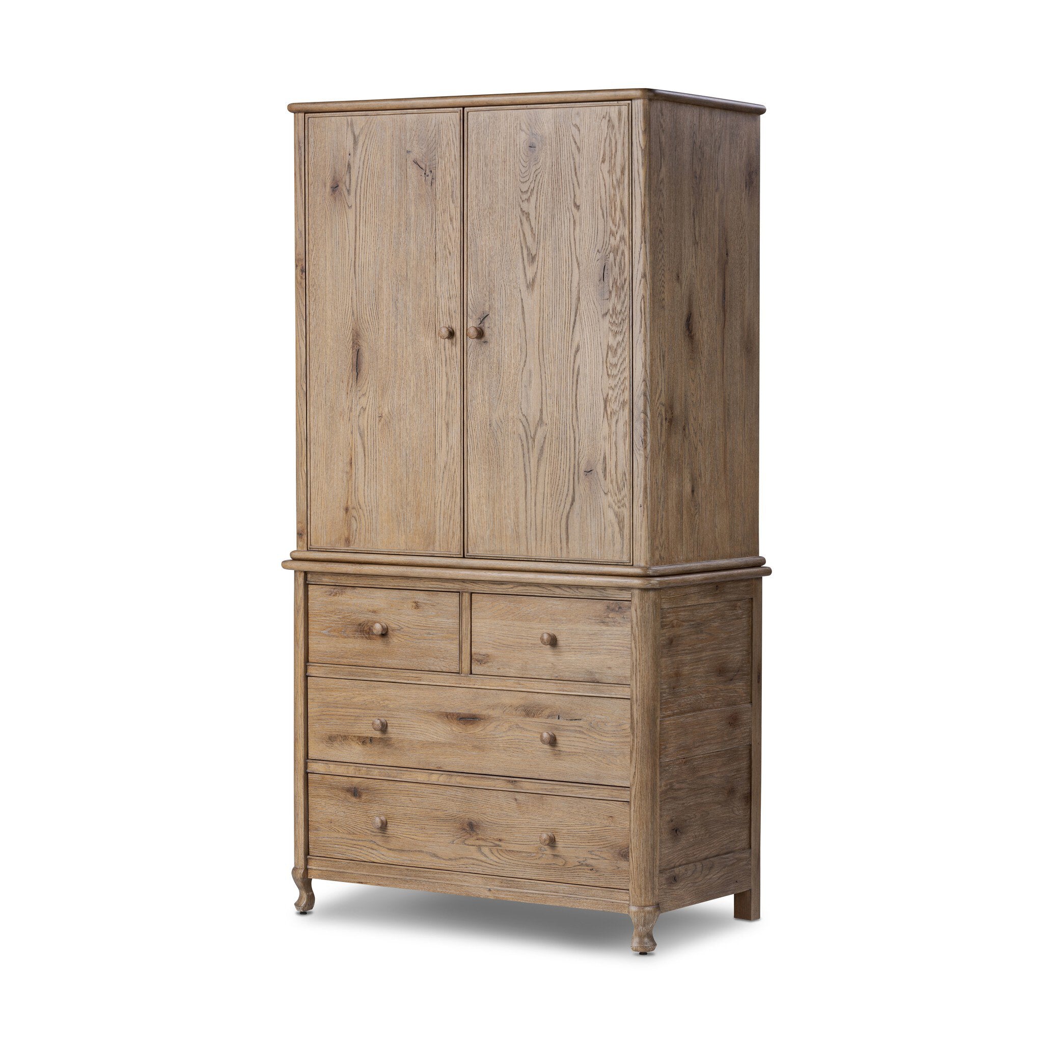 Pika Armoire in Weathered Oak, three quarter view showing beaded doors and drawers