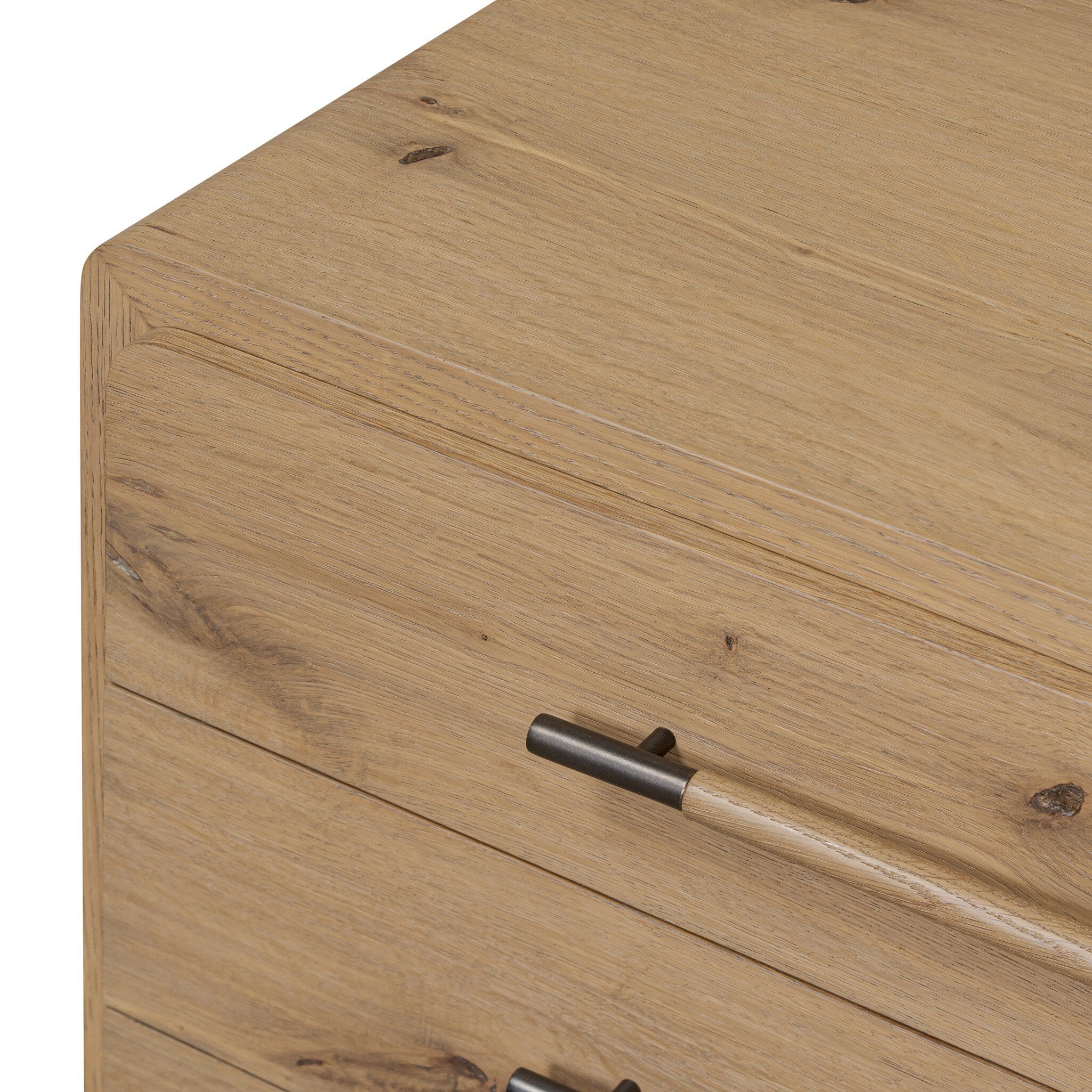 Close detail of the Aged Smoked Oak grain on the Eden Nightstand