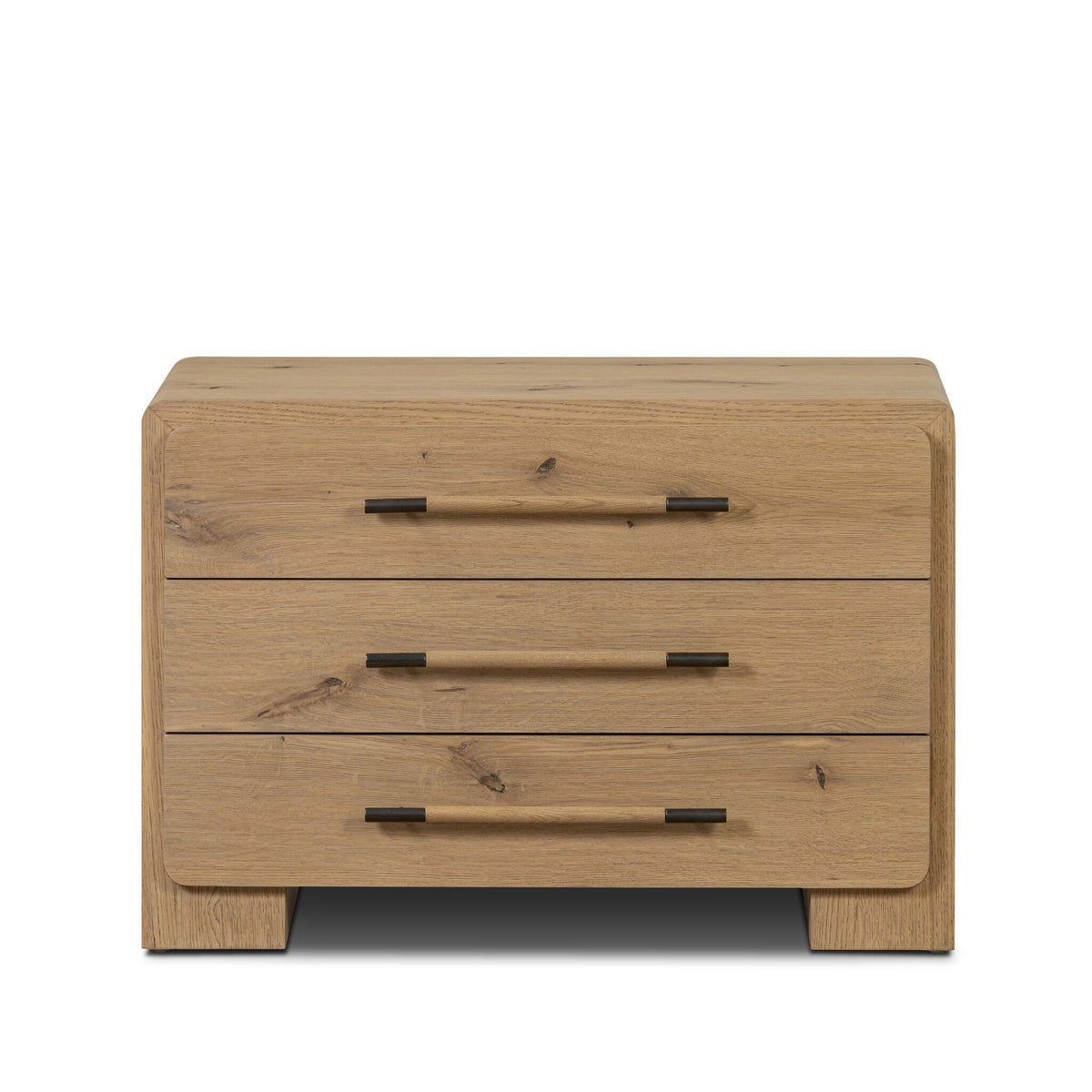 Front view of the Eden Nightstand showing the waterfall oak top rolling down over each corner