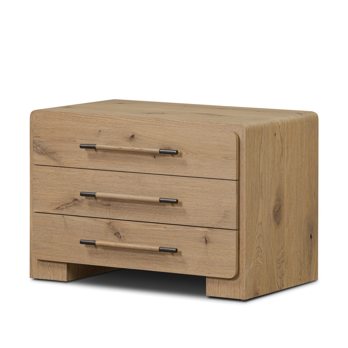 Eden Nightstand in Aged Smoked Oak veneer with three drawers and slim aged bronze and wood pulls