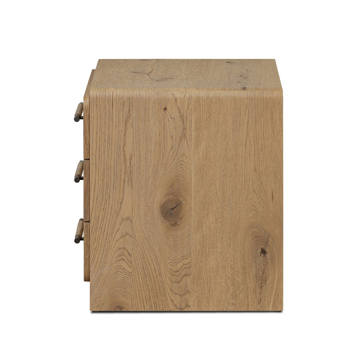 Side profile of the Eden Nightstand showing the continuous oak grain and 23.5 inch height