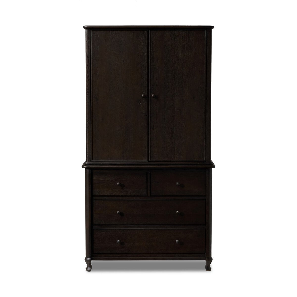 Four Hands Pika Armoire in Smoked Black Oak, beaded doors, turned wood pulls and four drawers
