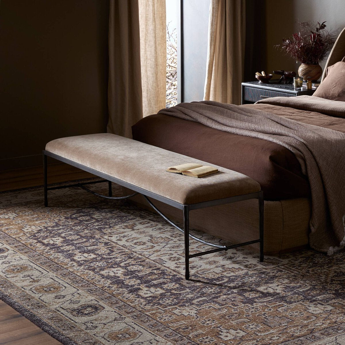 Jade Accent Bench in Altair Mushroom velvety performance weave, additional view