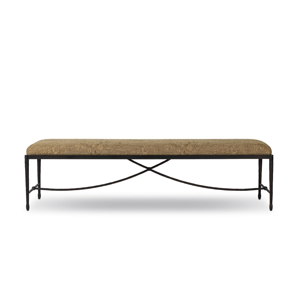 Four Hands Jade Accent Bench in Fallingbrook Cafe, a floral linen-blend seat on a curved bronzed hammered iron base