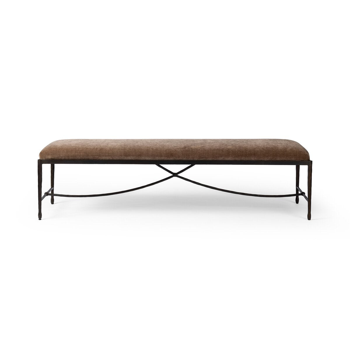 Four Hands Jade Accent Bench in Altair Mushroom, a velvety earth-tone seat on a curved bronzed hammered iron base